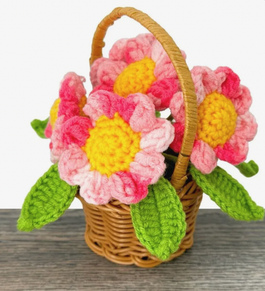Handmade Crochet Pink Flower Pot with Basket – Forever Blooms for Home Decor or Gifting