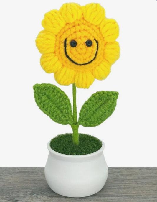 Handmade Crochet Smiley Sunflower Flower Pot – Forever Blooms for Home Decor or Gifting