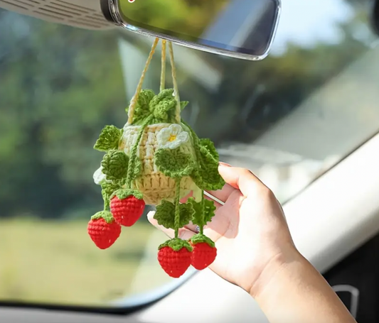 Handmade Crochet Strawberry Plant Car Mirror Hanging Decoration – home hangings, rear mirror decoration for cars