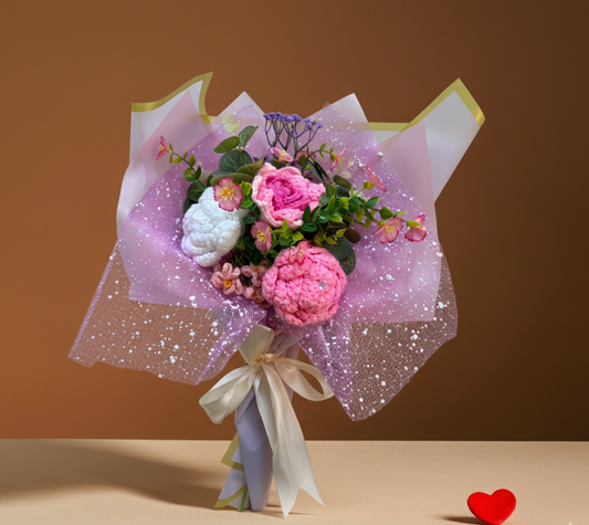 Crochet Pink Flowers Bouquet, Handmade Finished Knitted Flower Bouquet for Birthday Housewarming Gift & Handmade Home Decor