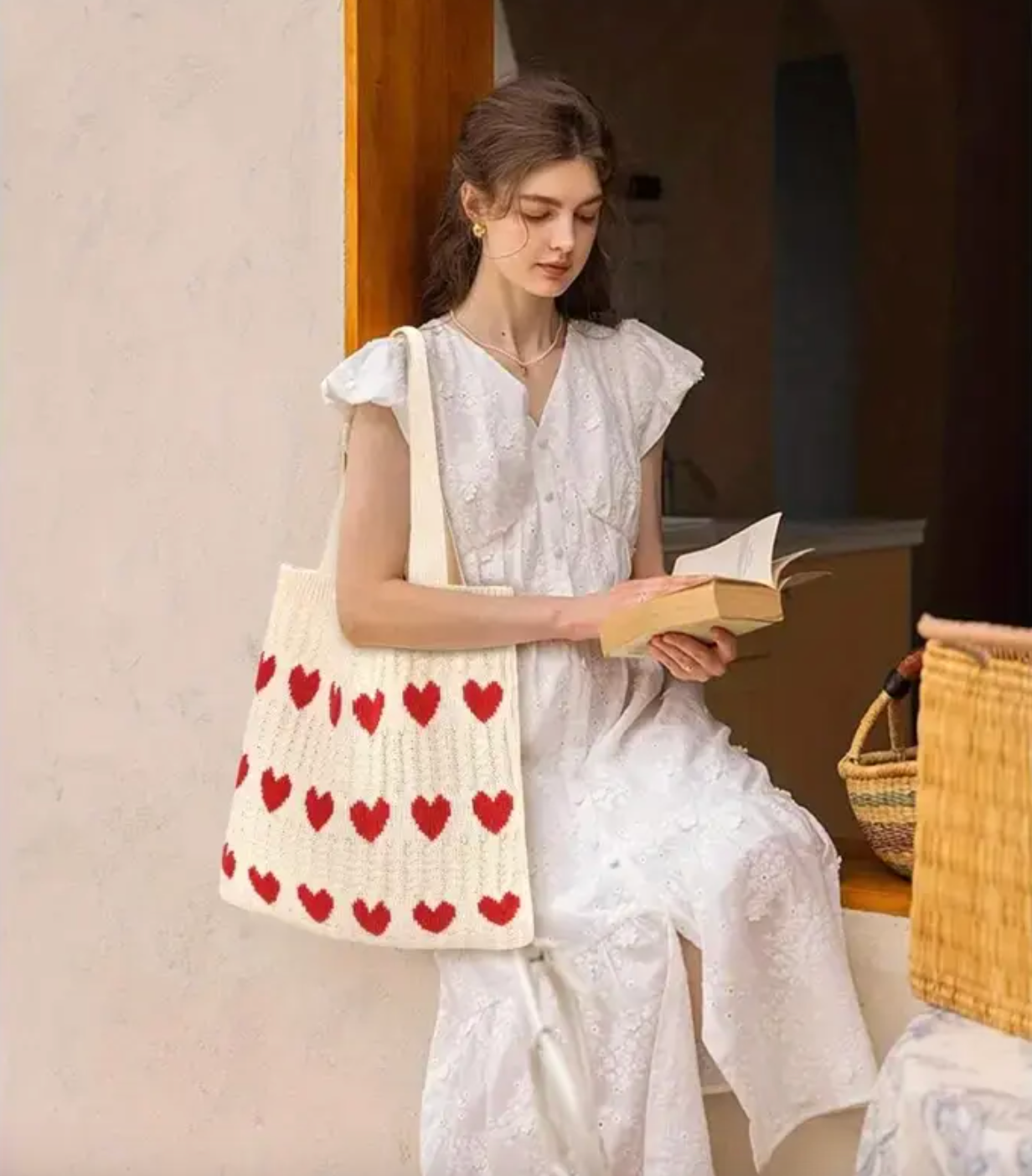 Handmade Crochet Tote Bag with Red Hearts – Reusable & Stylish Shoulder Bag