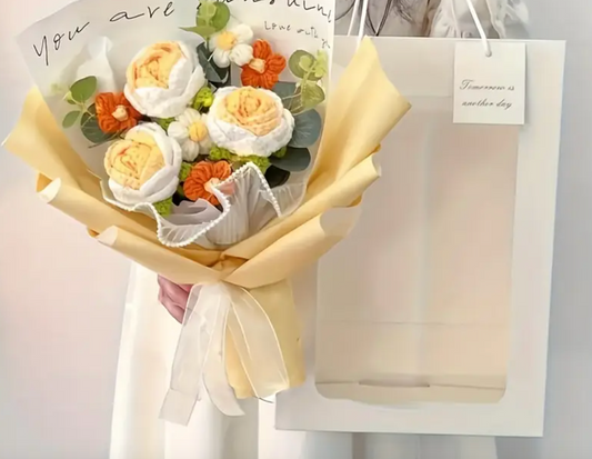 Rose Crochet Flowers Bouquet, Handmade Finished Knitted Flower Bouquet for Birthday Housewarming Gift & Handmade Home Decor