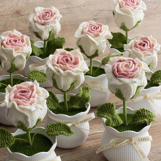 Handmade Crochet Pink Thai Rose Flower Pot – Forever Blooms for Home Decor or Gifting
