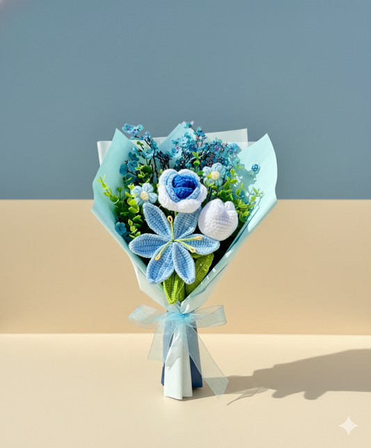 Knitted Blue Floral Crochet  Bouquet – Long-Lasting crochet Flower Gift & Handmade Home Decor