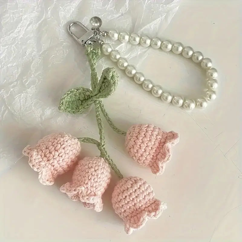 Charming Crochet Floral Keychains Lilly of the Valley with Pearl Beads - Ideal for Bags, Purses & Gifts