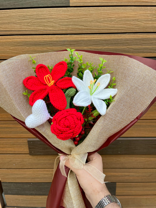 Red Rose Crochet Flowers Bouquet, Handmade Finished Knitted Flower Bouquet for Birthday Housewarming Gift & Handmade Home Decor