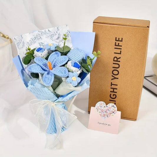 Pink And Blue Lilly Rose, Lilly of The Valley Crochet Flowers Bouquet, Handmade Finished Knitted Flower Bouquet for Birthday Housewarming Gift & Handmade Home Decor