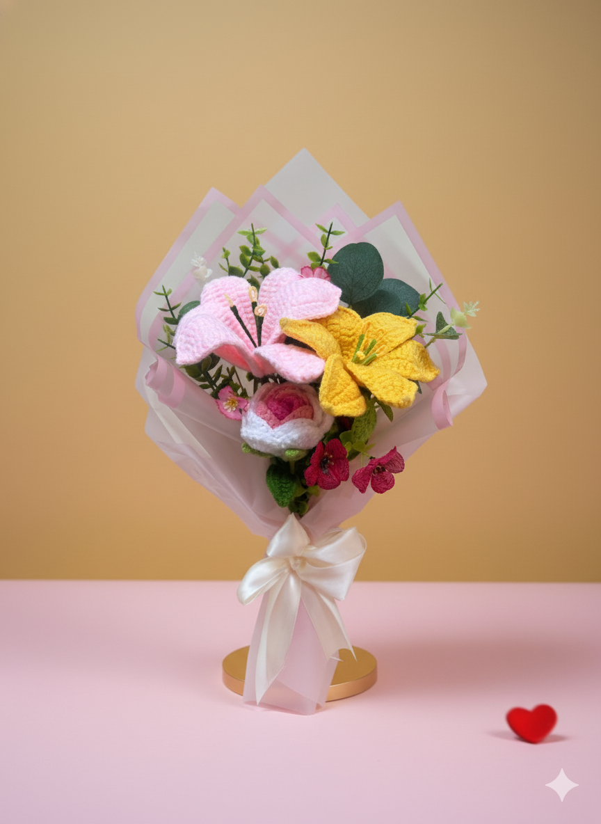 Crochet Pink and Yellow Flowers Bouquet, Handmade Finished Knitted Flower Bouquet for Birthday Housewarming Gift & Handmade Home Decor