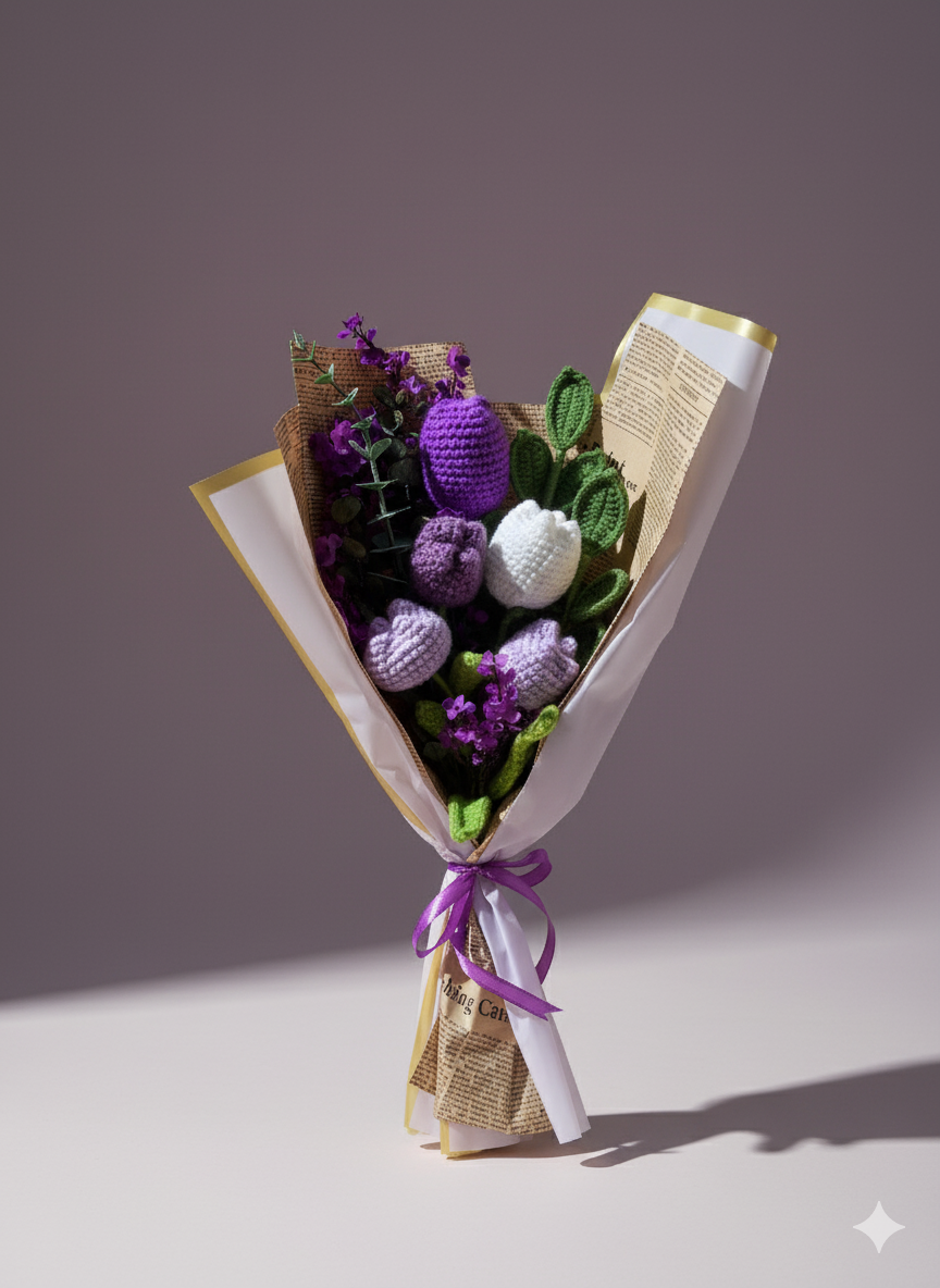 Crochet Purple Tulip Flowers Love Bouquet, Handmade Finished Knitted Flower Bouquet for Birthday Housewarming Gift & Handmade Home Decor