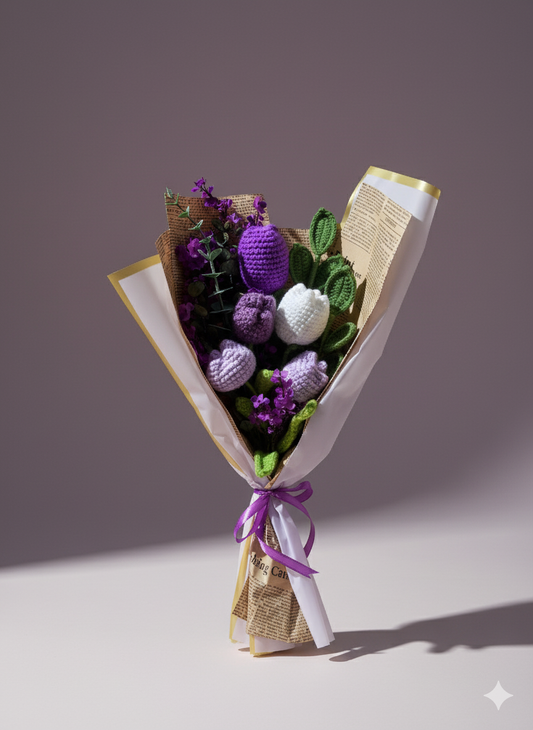 Crochet Purple Tulip Flowers Love Bouquet, Handmade Finished Knitted Flower Bouquet for Birthday Housewarming Gift & Handmade Home Decor