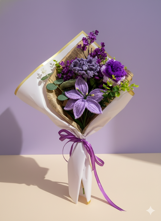 Crochet Purple Flowers Love Bouquet, Handmade Finished Knitted Flower Bouquet for Birthday Housewarming Gift & Handmade Home Decor