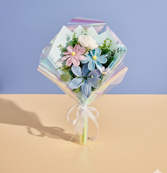 Crochet Blue and Pink and White Flowers Bouquet, Handmade Finished Knitted Flower Bouquet for Birthday Housewarming Gift & Handmade Home Decor