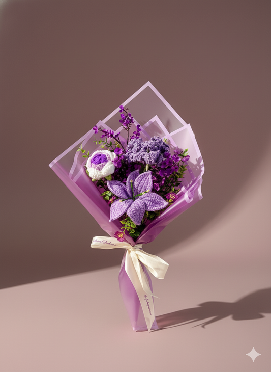 Crochet Purple Punch Flowers Bouquet, Handmade Finished Knitted Flower Bouquet for Birthday Housewarming Gift & Handmade Home Decor