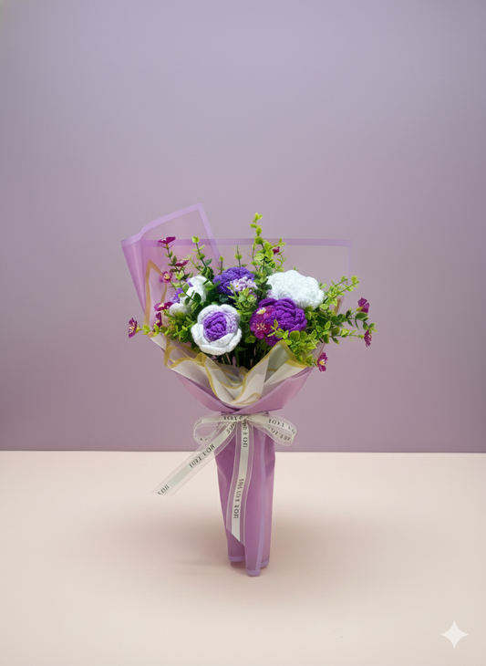 Crochet Purple and White Rose Flowers Bouquet, Handmade Finished Knitted Flower Bouquet for Birthday Housewarming Gift & Handmade Home Decor