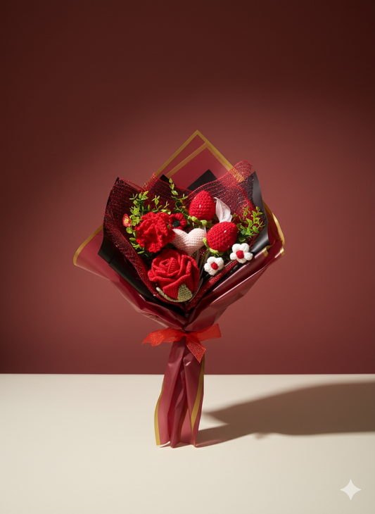 Crochet Red Rose Love Bouquet, Handmade Finished Knitted Flower Bouquet for Birthday Housewarming Gift & Handmade Home Decor