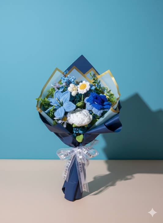 Crochet Blue Flowers Love Bouquet, Handmade Finished Knitted Flower Bouquet for Birthday Housewarming Gift & Handmade Home Decor