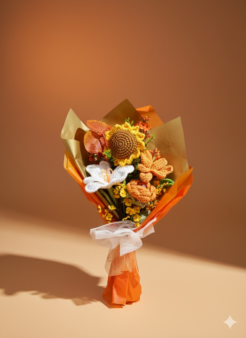 Crochet Orange Flowers Love Bouquet, Handmade Finished Knitted Flower Bouquet for Birthday Housewarming Gift & Handmade Home Decor