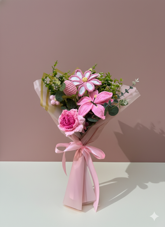 Crochet Pink Flowers Love Bouquet, Handmade Finished Knitted Flower Bouquet for Birthday Housewarming Gift & Handmade Home Decor