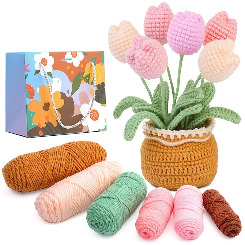 Tulip Pot Crochet Kit for Beginners – All-in-One Handmade Starter Set for Relaxation & Focus
