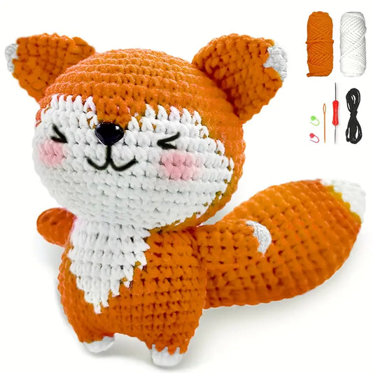 Cute Animal Fox Crochet Kit for Beginners DIY – All-in-One Handmade Starter Set for Relaxation & Focus