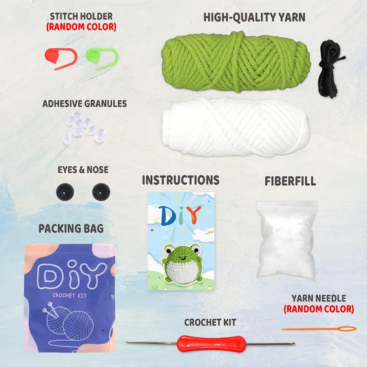 Cute Animal Frog Crochet Kit for Beginners DIY – All-in-One Handmade Starter Set for Relaxation & Focus