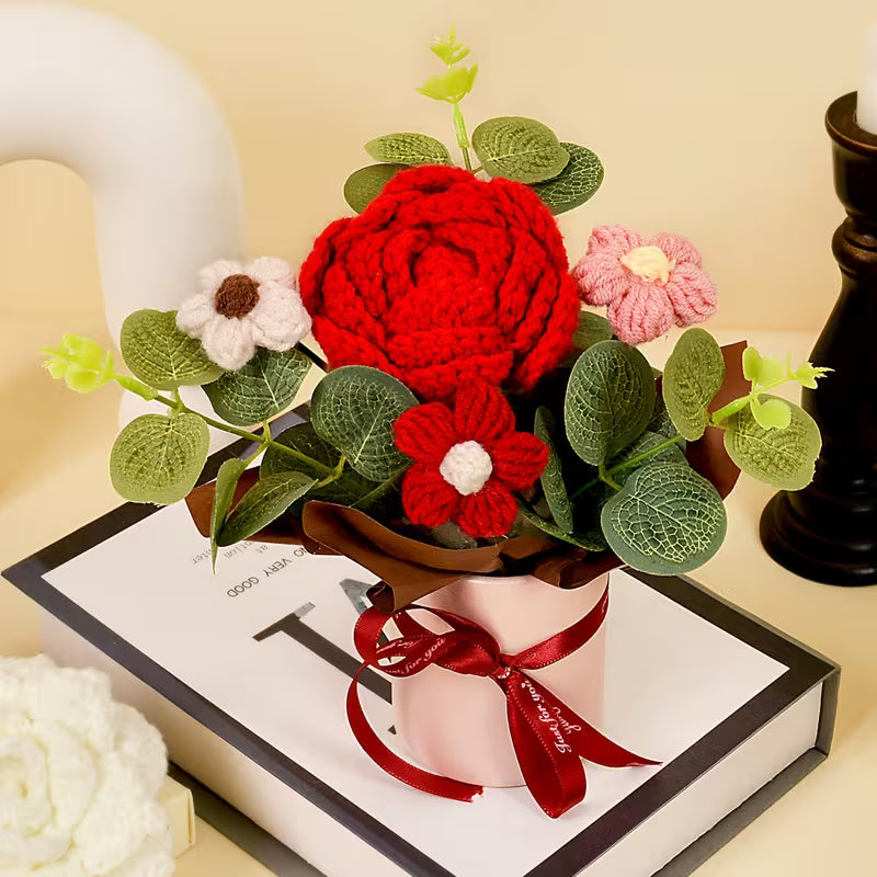 Crochet Pot Red Rose , Perfect for Gifts on Valentine'S Day, Teacher'S Day, Mother'S Day, Father'S Day, Weddings, Anniversaries, Birthdays, And for Decorating Living Rooms