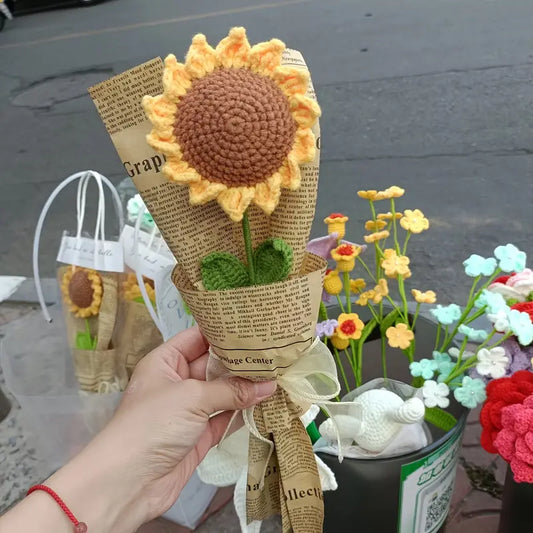 Crochet Single Sunflower Flowers Bouquet, Handmade Finished Knitted Flower Bouquet for Birthday Housewarming Gift & Handmade Home Decor