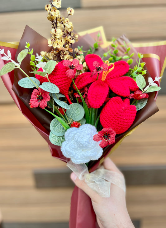 Reddish Crochet Flowers Bouquet, Handmade Finished Knitted Flower Bouquet for Birthday Housewarming Gift & Handmade Home Decor