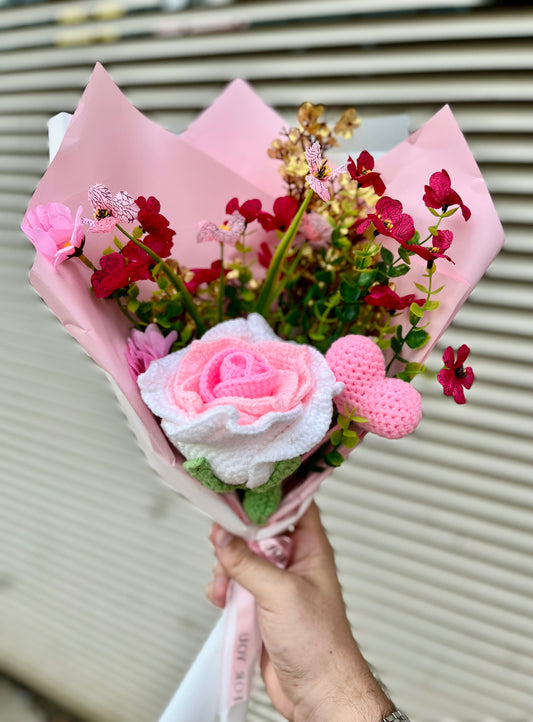 Pink Thai Rose Crochet Flowers Bouquet, Handmade Finished Knitted Flower Bouquet for Birthday Housewarming Gift & Handmade Home Decor