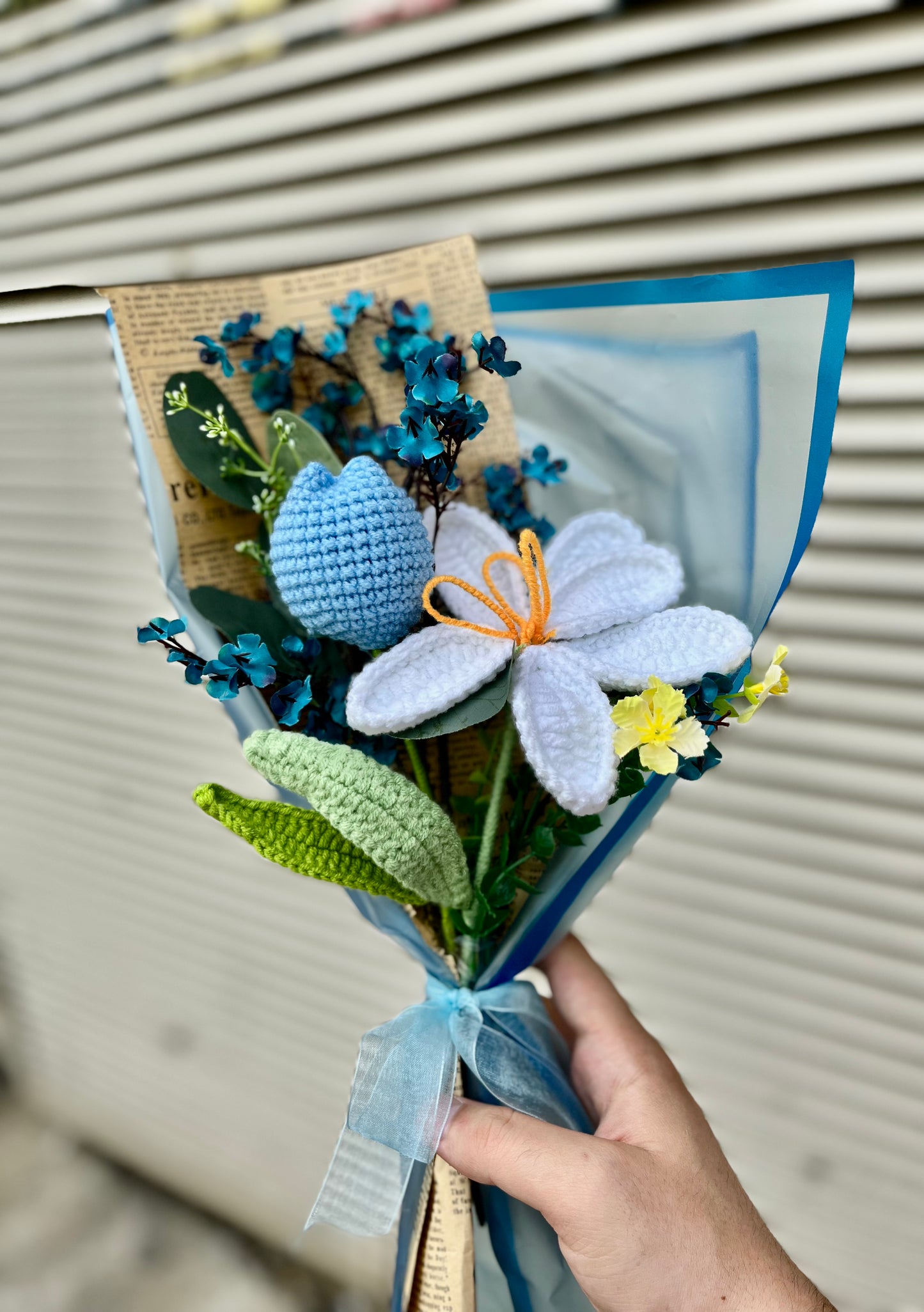 Blue Tulip Crochet Flowers Bouquet, Handmade Finished Knitted Flower Bouquet for Birthday Housewarming Gift & Handmade Home Decor