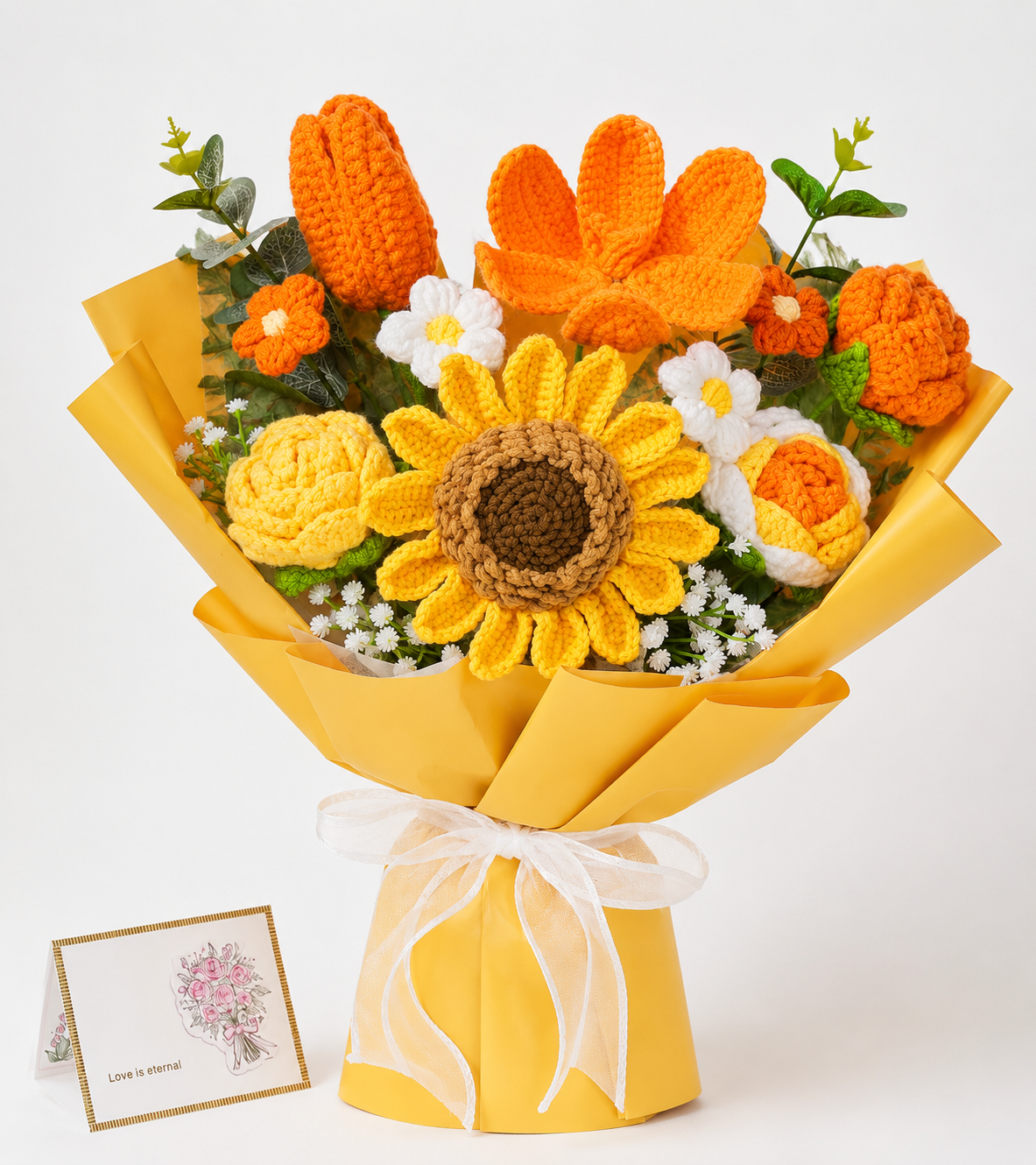 Crochet Orange Flowers Love Bouquet, Handmade Finished Knitted Flower Bouquet for Birthday Housewarming Gift & Handmade Home Decor