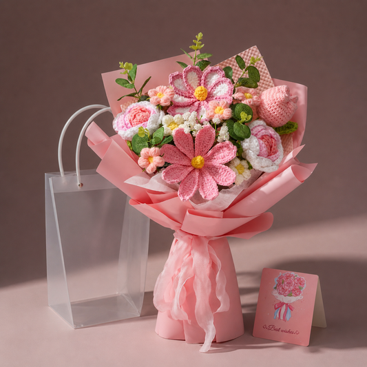 Crochet Pink flowers Bouquet, Handmade Finished Knitted Flower Bouquet for Birthday Housewarming Gift & Handmade Home Decor