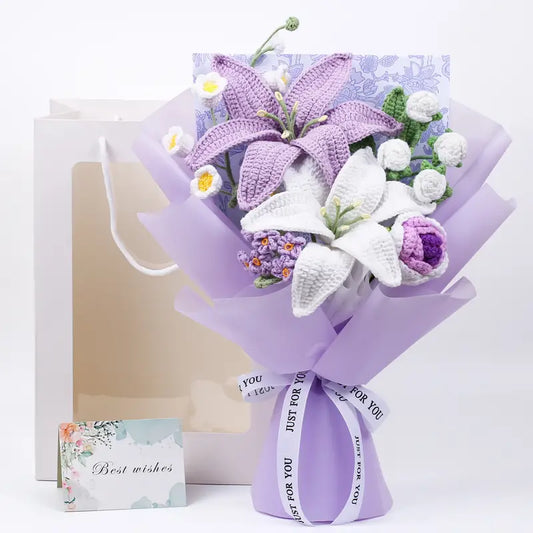 Purple Lilly Crochet Flowers Bouquet, Handmade Finished Knitted Flower Bouquet for Birthday Housewarming Gift & Handmade Home Decor