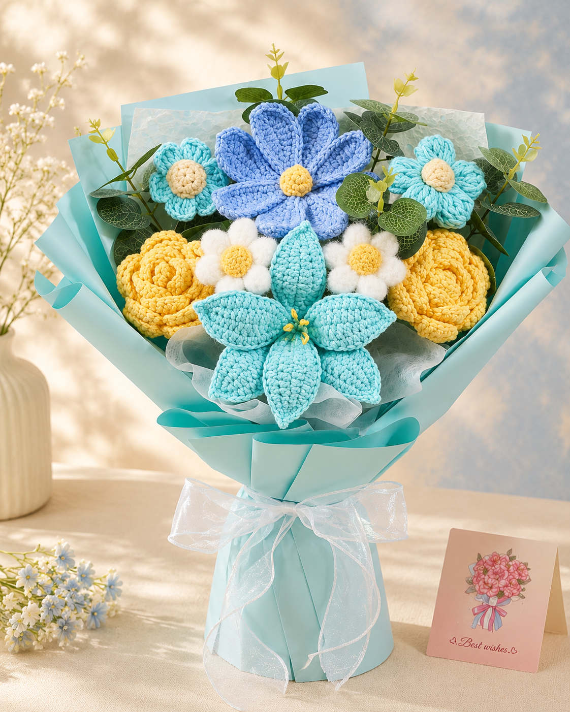 Crochet Blue and Yellow Flowers Love Bouquet, Handmade Finished Knitted Flower Bouquet for Birthday Housewarming Gift & Handmade Home Decor